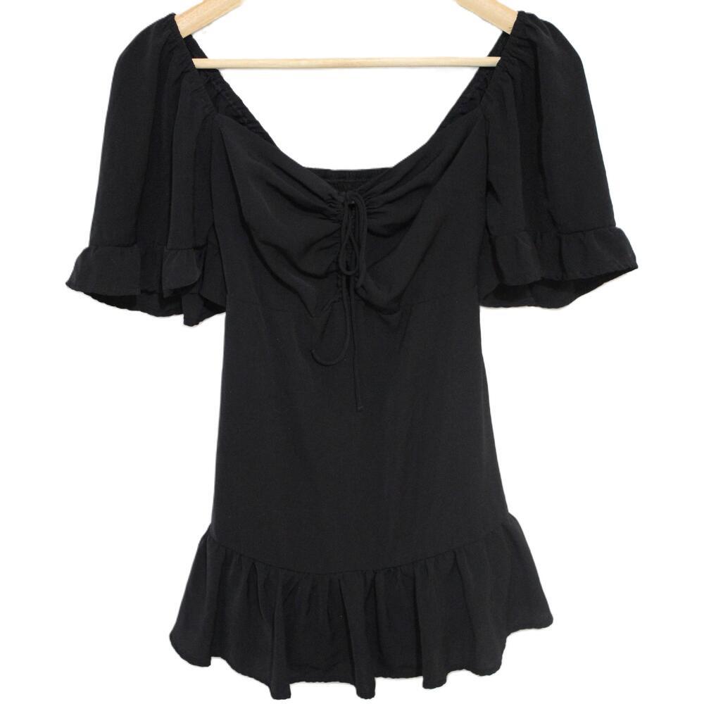 Womens Abercrombie & Fitch Black Mini Puffer Sleeve Ruffle Dress Size XS Petite